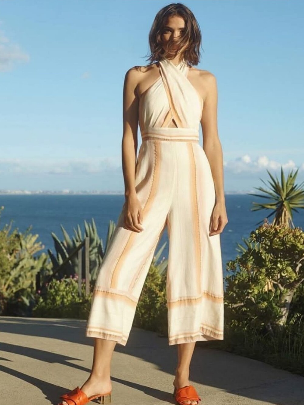 Amanda Uprichard Metallic Stripe Halter Jumpsuit